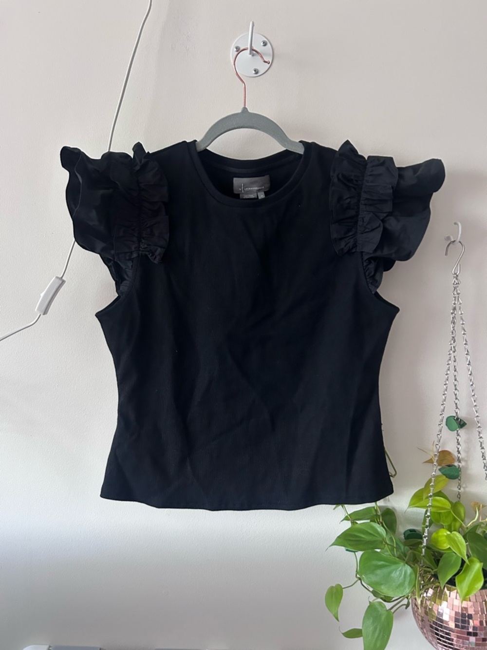 Anthropologie Black Ribbed Crewneck Petite Top